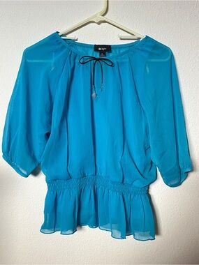 BCX Girl Cerulean Blue Sheer Peplum Blouse